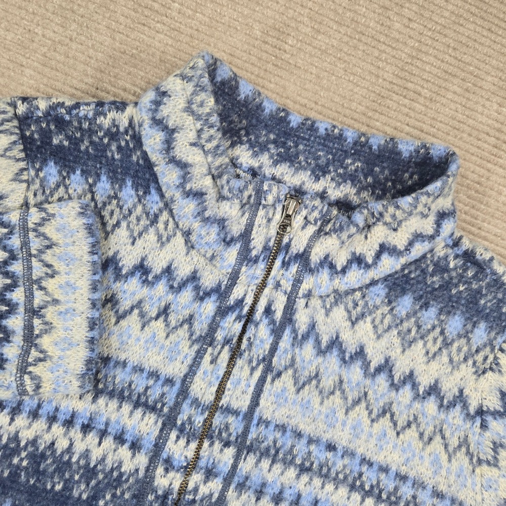 J. Jill Womens M Blue Fair Isle Wool Angora Blend Full Zip Mock Neck Cardigan